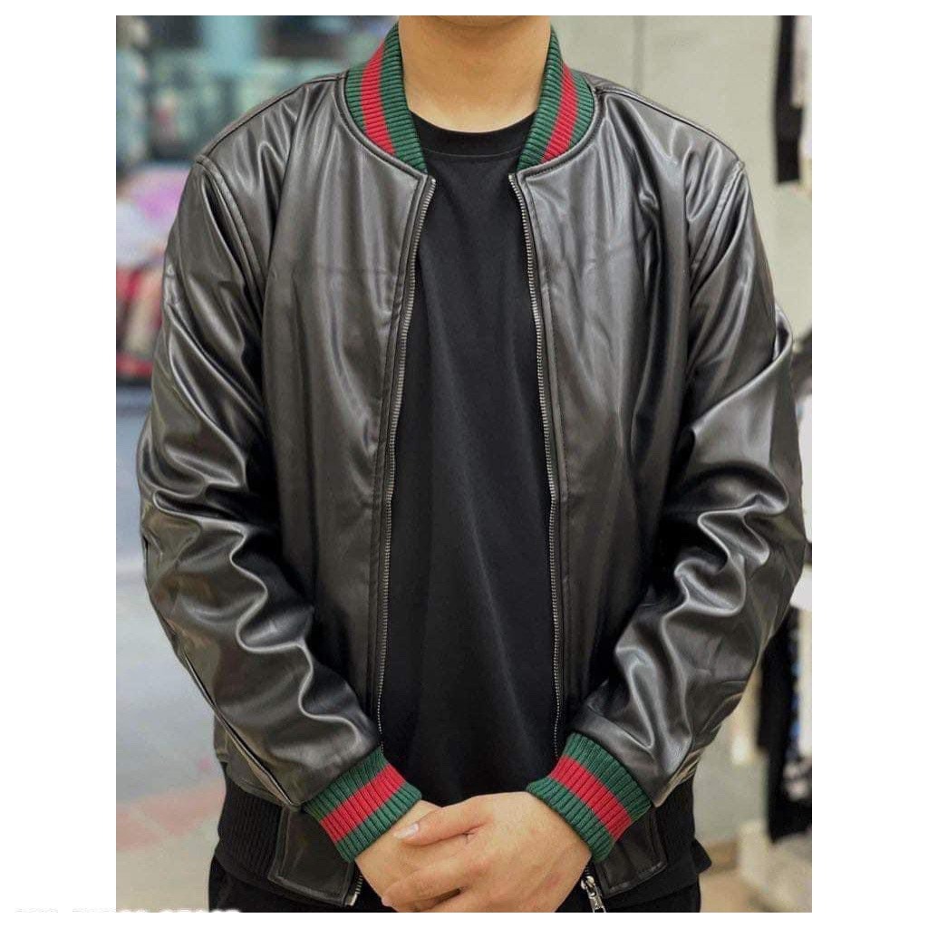 Áo Bomber Da GUCI Đen Phối Bo Viền Đỏ Xanh Áo bomber da Gucci Classic phối tay thiết kế hot trend