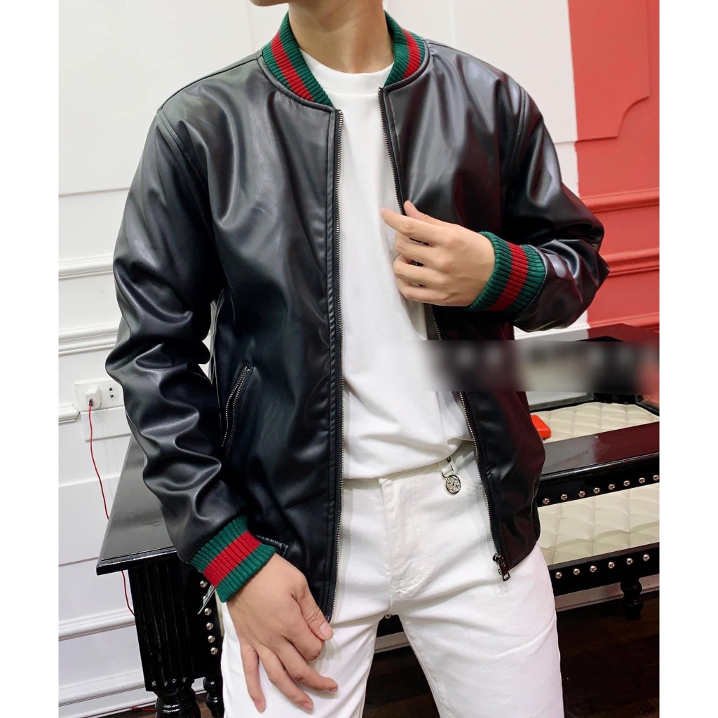 Áo Bomber Da GUCI Đen Phối Bo Viền Đỏ Xanh Áo bomber da Gucci Classic phối tay thiết kế hot trend