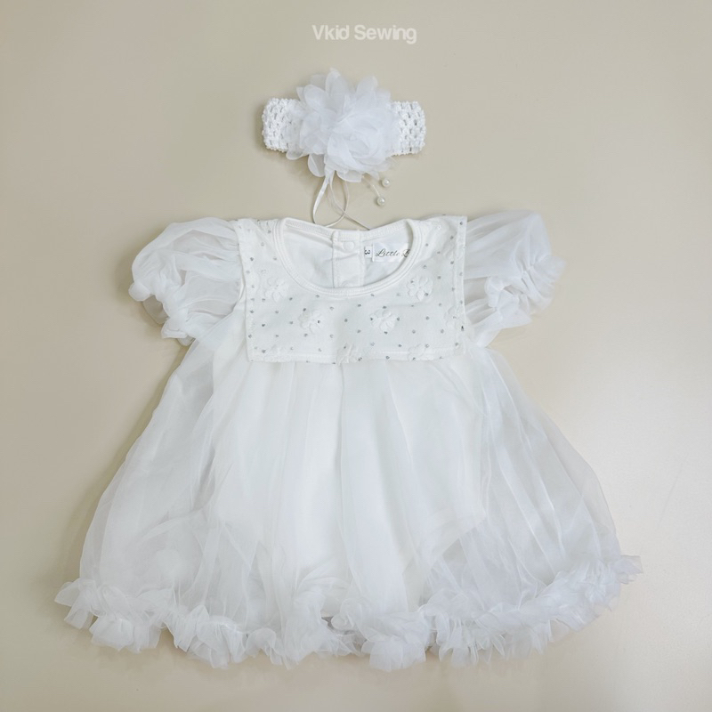 V42 Váy cổ vuông phối ren trắng cao cấp tay bồng kèm turban cho bé gái size 5-12kg