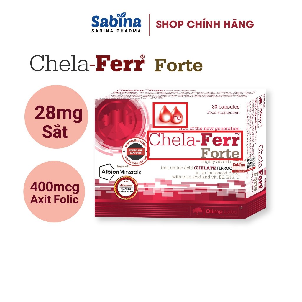 Sắt Chela-Ferr® Forte (Olimp Labs) 28mg sắt   –Viên sắt cho bà bầu hỗ trợ bổ sung và dễ hấp thu sắt 30 viên, 11,4g