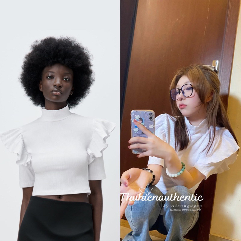 Áo kiểu tay bèo màu trắng cotton co giãn mùa hè thu mã code: 0962/153/250 ZARA chính hãng(kèm ảnh thật)