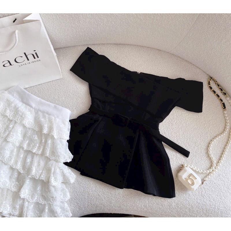 Set áo Trễ vai dáng peplum phối chân váy ren tầng tiểu thư KÈM HÌNH THẬT - usa fashion