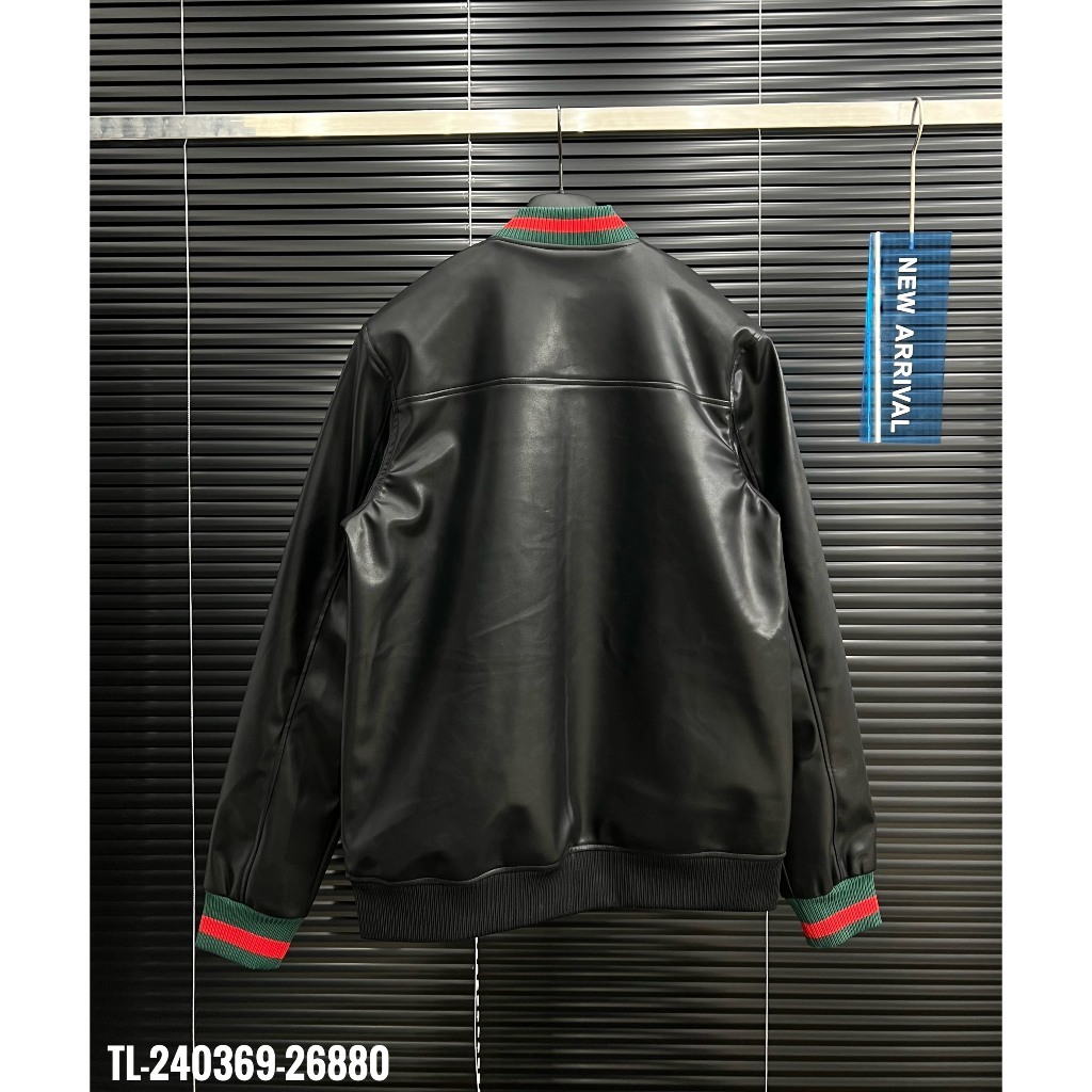 Áo Bomber Da GUCI Đen Phối Bo Viền Đỏ Xanh Áo bomber da Gucci Classic phối tay thiết kế hot trend