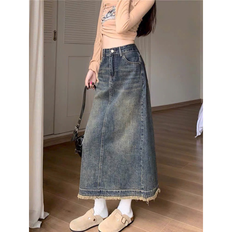 Chân váy jean rách gấu dáng dài