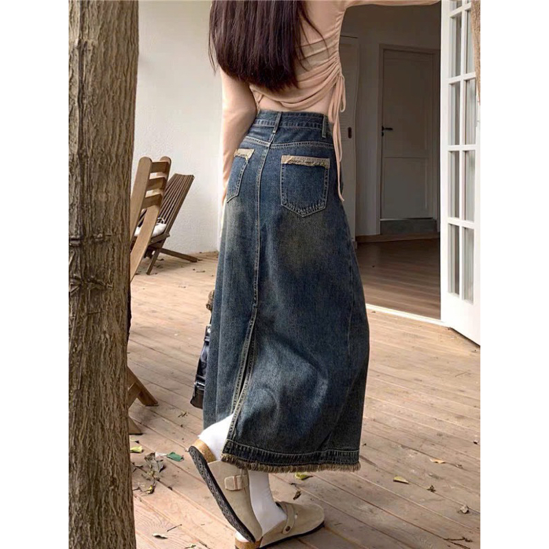 Chân váy jean rách gấu dáng dài