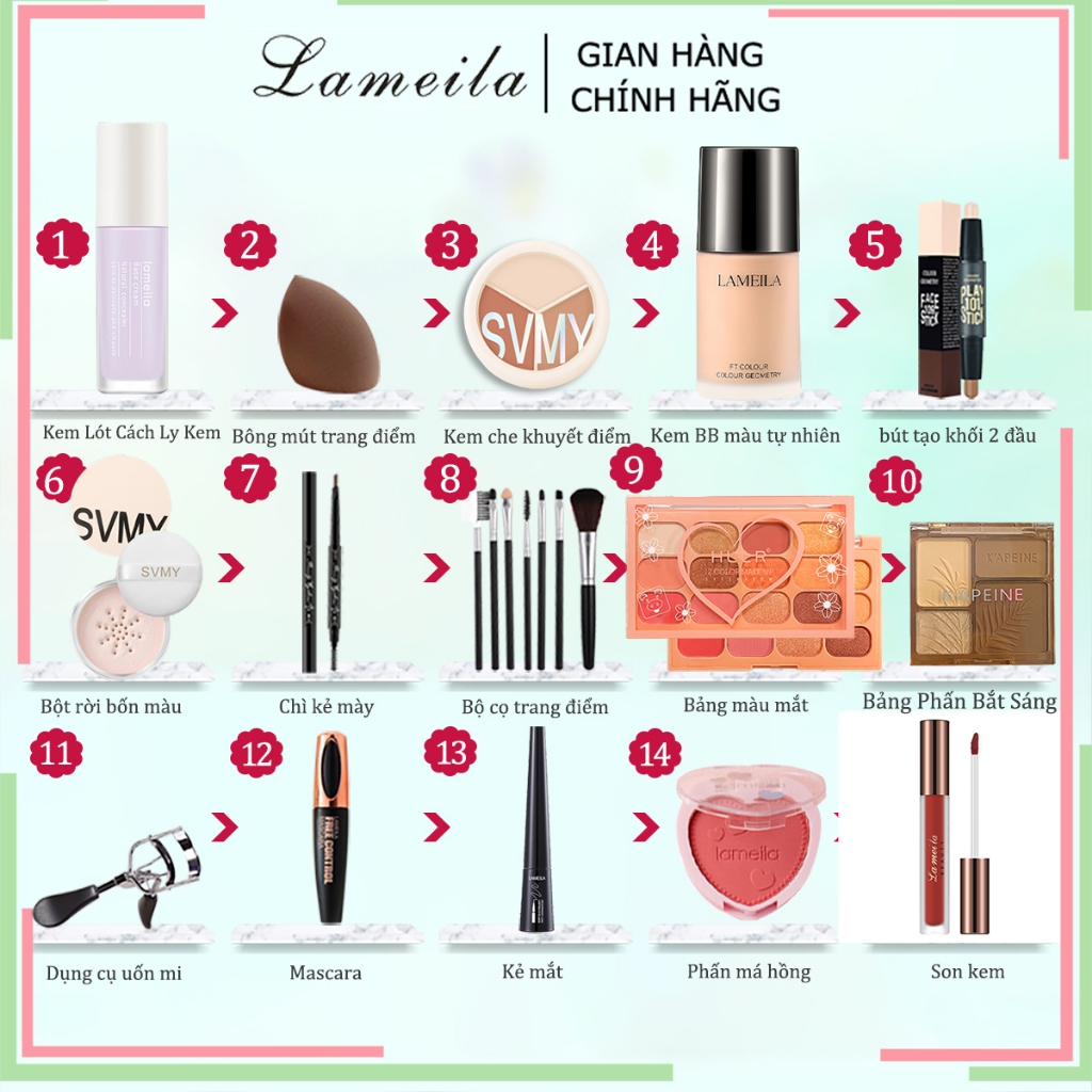 [HCM] LAMEILA set trang điểm 15 Piece Set BB Cream  + Phấn má hồng + Kẻ mắt + Mascara + Kẻ mắt + Son môi-LML-T15