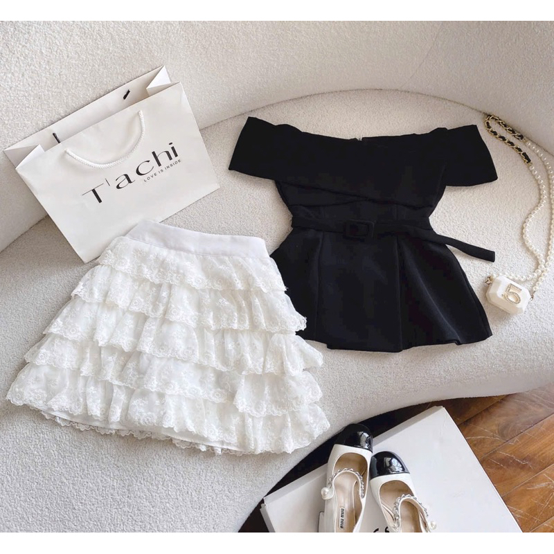 Set áo Trễ vai dáng peplum phối chân váy ren tầng tiểu thư KÈM HÌNH THẬT - usa fashion