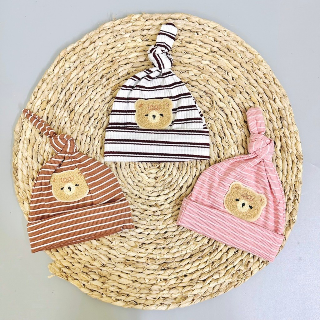Mũ sơ sinh mẫu củ tỏi cotton đính Gấu phối kẻ dễ thương phong cách Hàn Quốc, nón cho bé sơ sinh co giãn