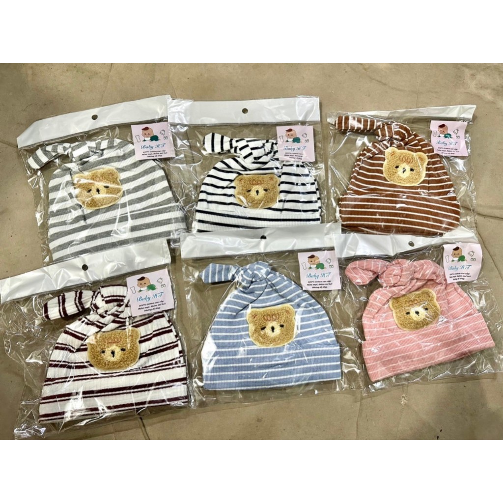 Mũ sơ sinh mẫu củ tỏi cotton đính Gấu phối kẻ dễ thương phong cách Hàn Quốc, nón cho bé sơ sinh co giãn