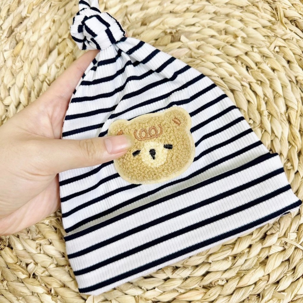 Mũ sơ sinh mẫu củ tỏi cotton đính Gấu phối kẻ dễ thương phong cách Hàn Quốc, nón cho bé sơ sinh co giãn