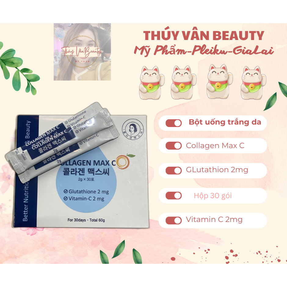 [TVS] Bột uống trắng da Collagen, Vitamin C và Glutathione COLLAGEN MAX C-Hộp 30 gói Hàn Quốc-Shop T