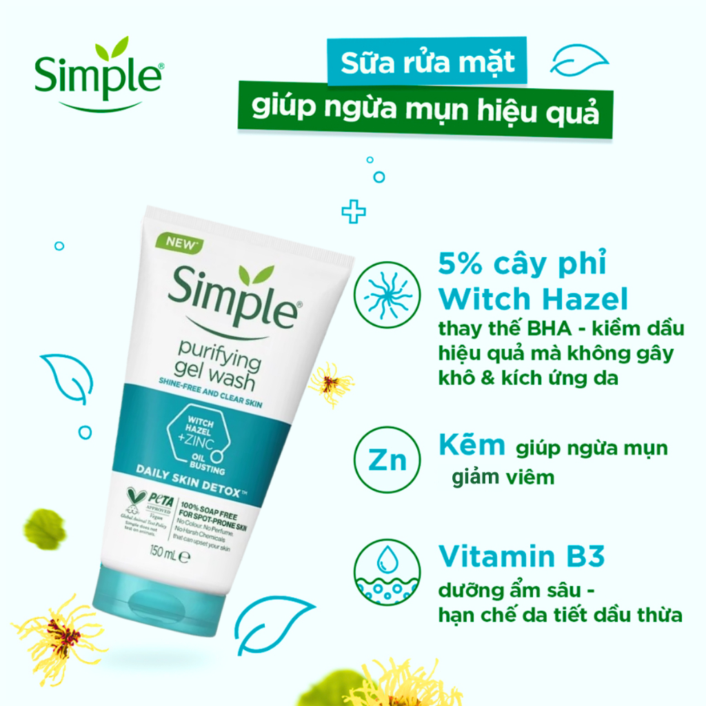 Sữa Rửa Mặt Simple, SRM Simple, Gel Rửa Mặt Cho Da Dầu Mụn Dưỡng Ẩm Da Khô, Nhạy Cảm Dịu Nhẹ Chính Hãng Lành Tính 150ml