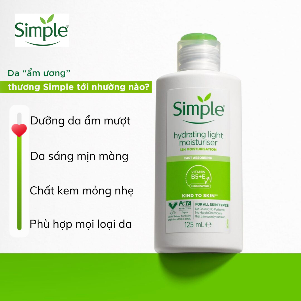 Kem Dưỡng Ẩm Da Mặt Simple, Sữa Dưỡng Cấp Nước Sáng Trắng Phục Hồi Da Hydrating Light Moisturiser 125ml