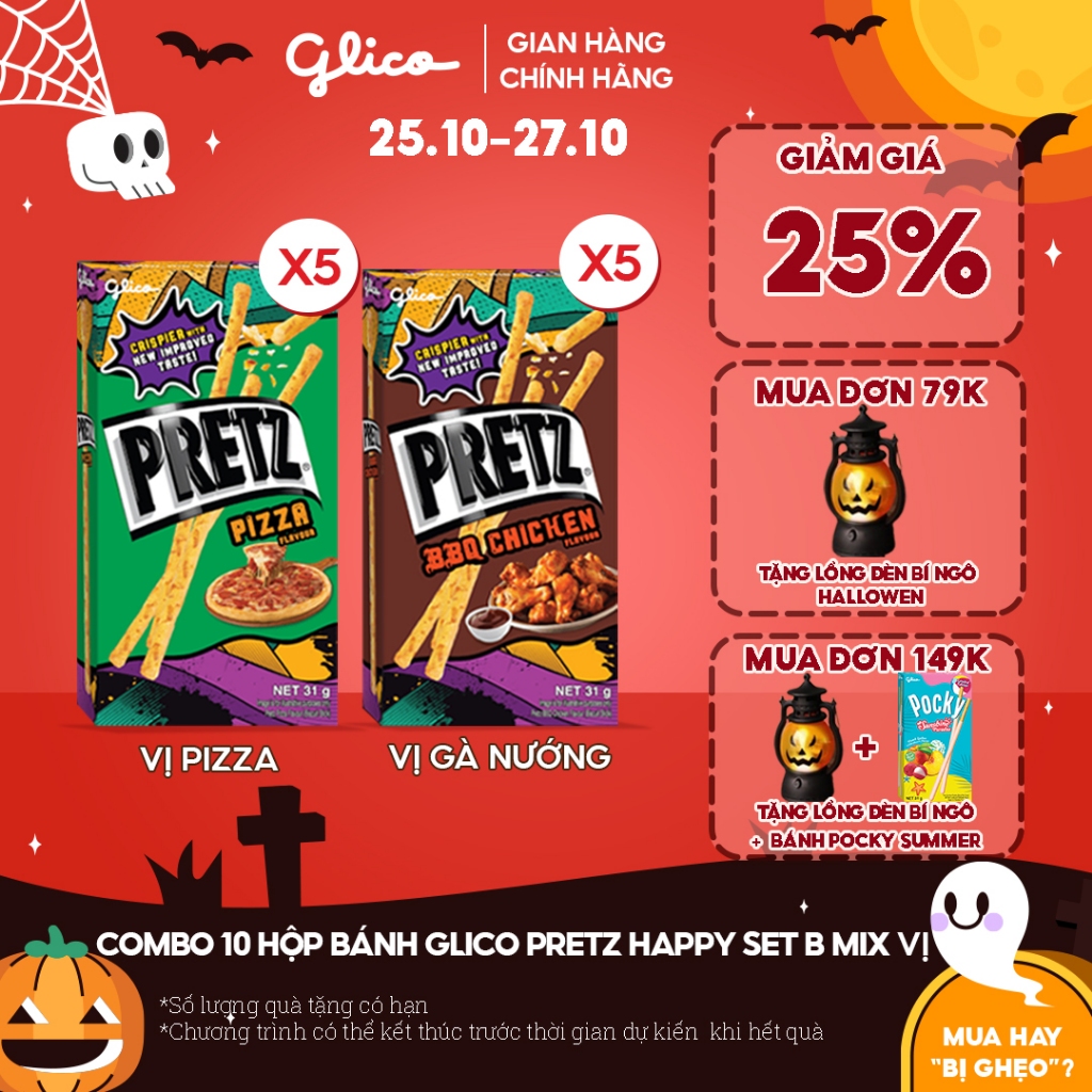 Combo 10 hộp Bánh que mặn nướng giòn Glico Pretz Happy Set B mix vị (5 BBQ Gà nướng - 5 Pizza)