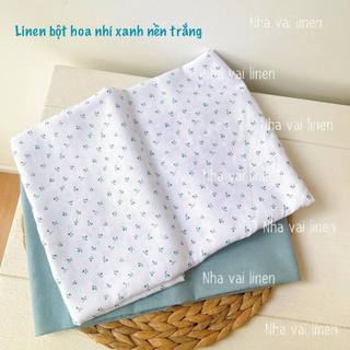Vải linen bột hoạ tiết hoa nhỏ xanh nền trắng mềm mại độ dày vừa đủ chất liệu an toàn cho da - nhà vải linen