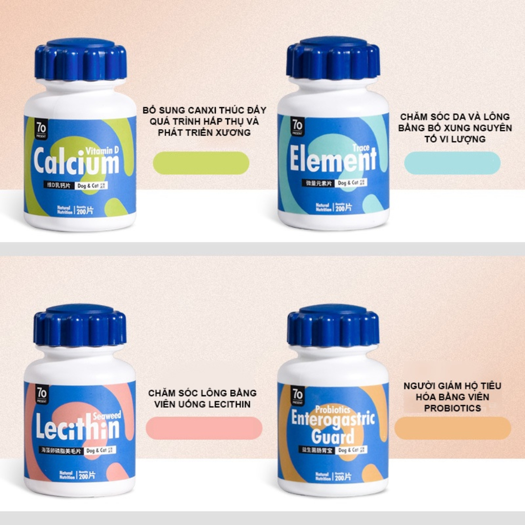 Hộp 180 viên canxi cho chó mèo 70 Present vitamin D nang lông, vi sinh cho bé kén ăn ,tăng trưởng chậm và vết thương lâu