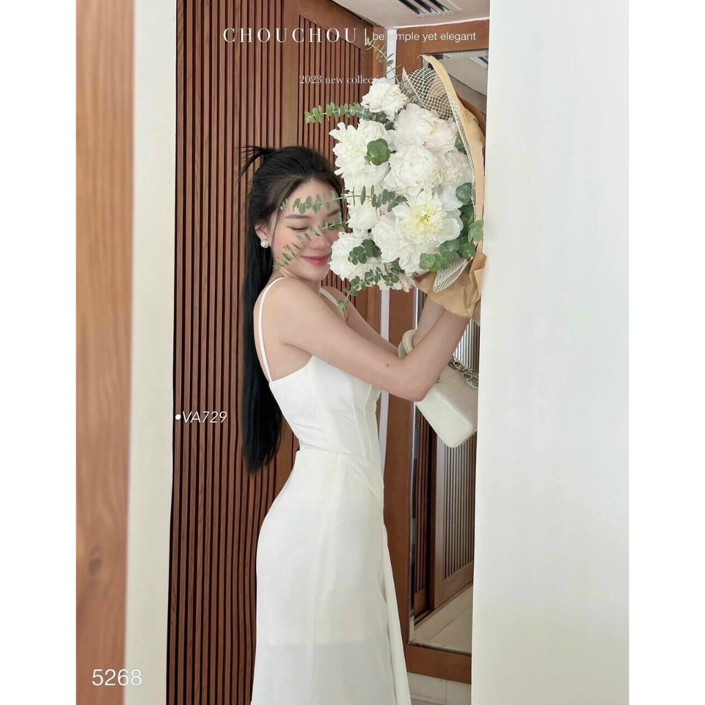 VA729    Đầm dây xếp li eo