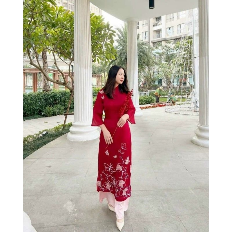 Áo Dài Cách tân Thêu Hoa Nổi Màu đỏ nhẹ nhàng dễ mặc