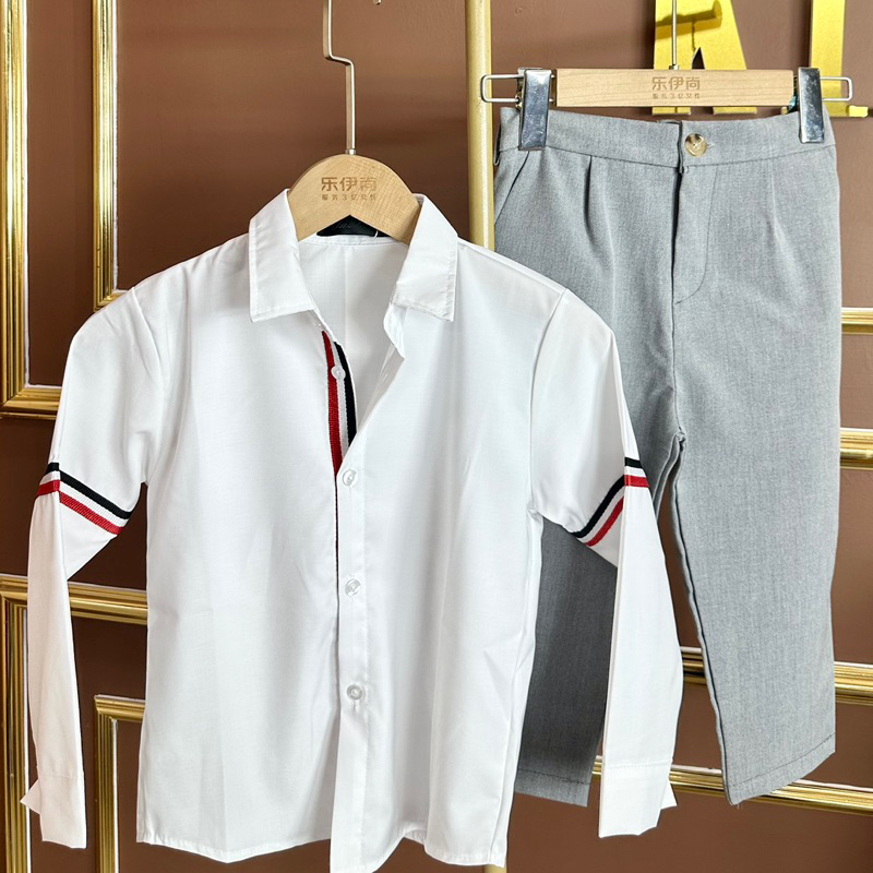 Sơ mi trắng phối viền tay hàng loại 1 không nhăn 100% cotton cho bé trai size từ 10 kí đến 40 kí