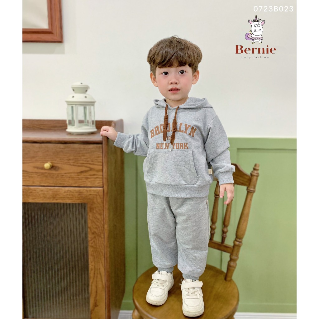 Bộ nỉ da cá bé trai bé gái có mũ BROOKLYN Bernie GS- Bộ thu đông dài tay áo hoodie cho bé từ 9-23kg - 0723B023