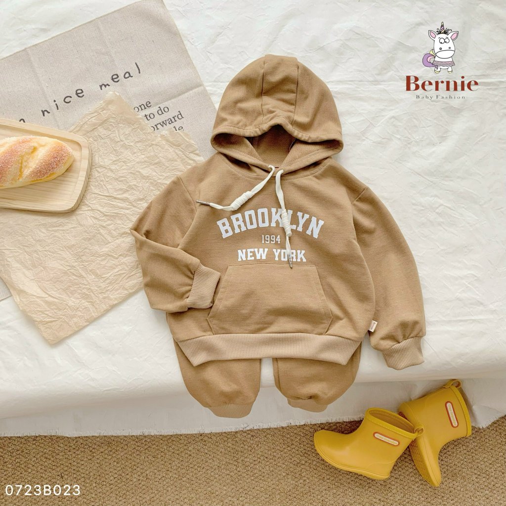 Bộ nỉ da cá bé trai bé gái có mũ BROOKLYN Bernie GS- Bộ thu đông dài tay áo hoodie cho bé từ 9-23kg - 0723B023