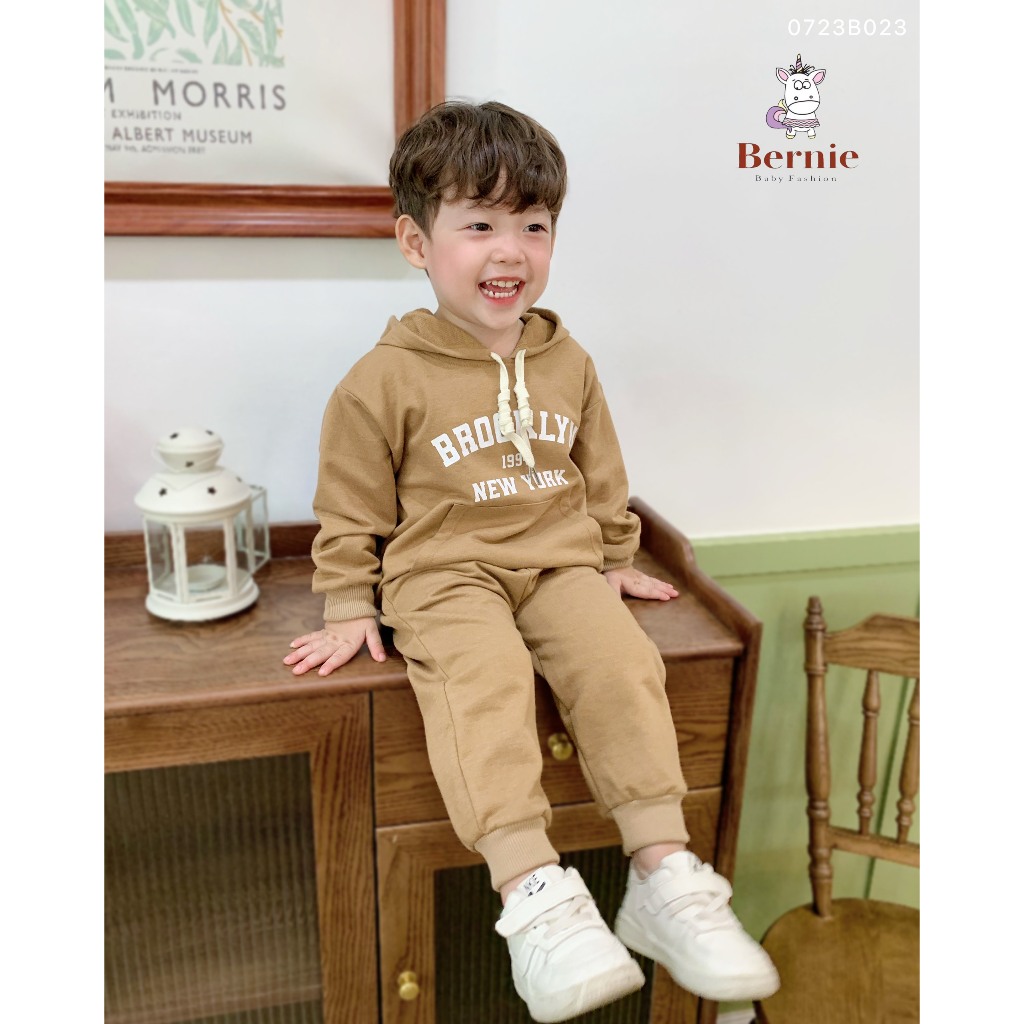 Bộ nỉ da cá bé trai bé gái có mũ BROOKLYN Bernie GS- Bộ thu đông dài tay áo hoodie cho bé từ 9-23kg - 0723B023