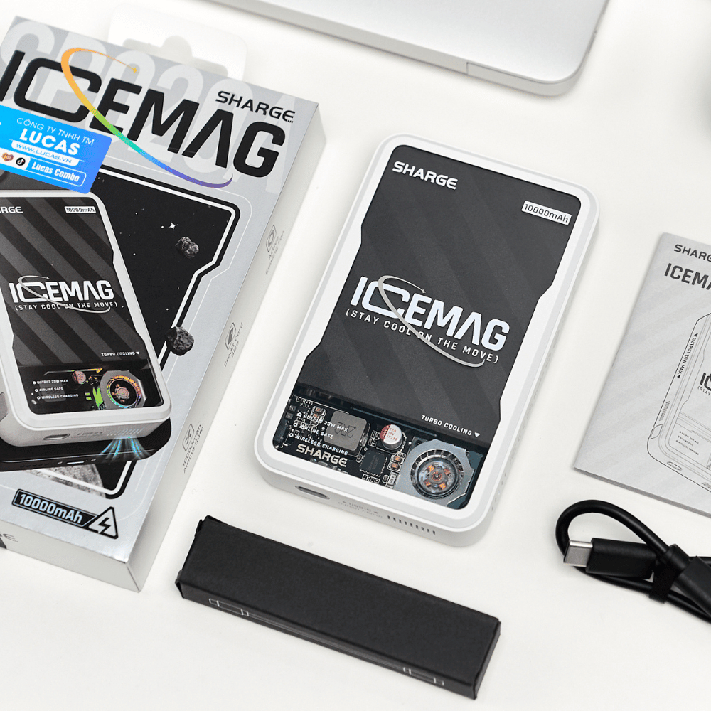 Sạc Dự Phòng Sharge ICEMAG 10.000mAh Trong Suốt, Hỗ Trợ Sạc Không Dây, Sạc Nhanh 20W, Quạt Làm Mát Đổi Màu LED RGB