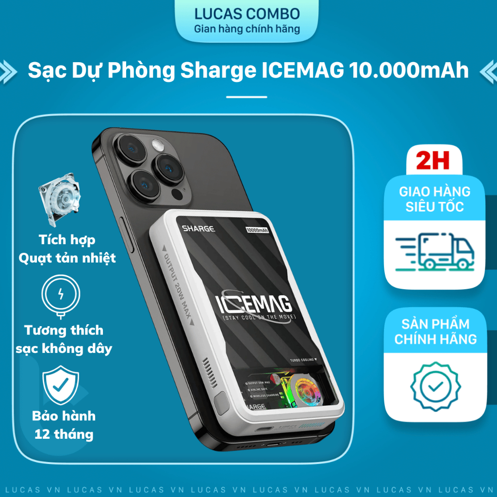 Sạc Dự Phòng Sharge ICEMAG 10.000mAh Trong Suốt, Hỗ Trợ Sạc Không Dây, Sạc Nhanh 20W, Quạt Làm Mát Đổi Màu LED RGB