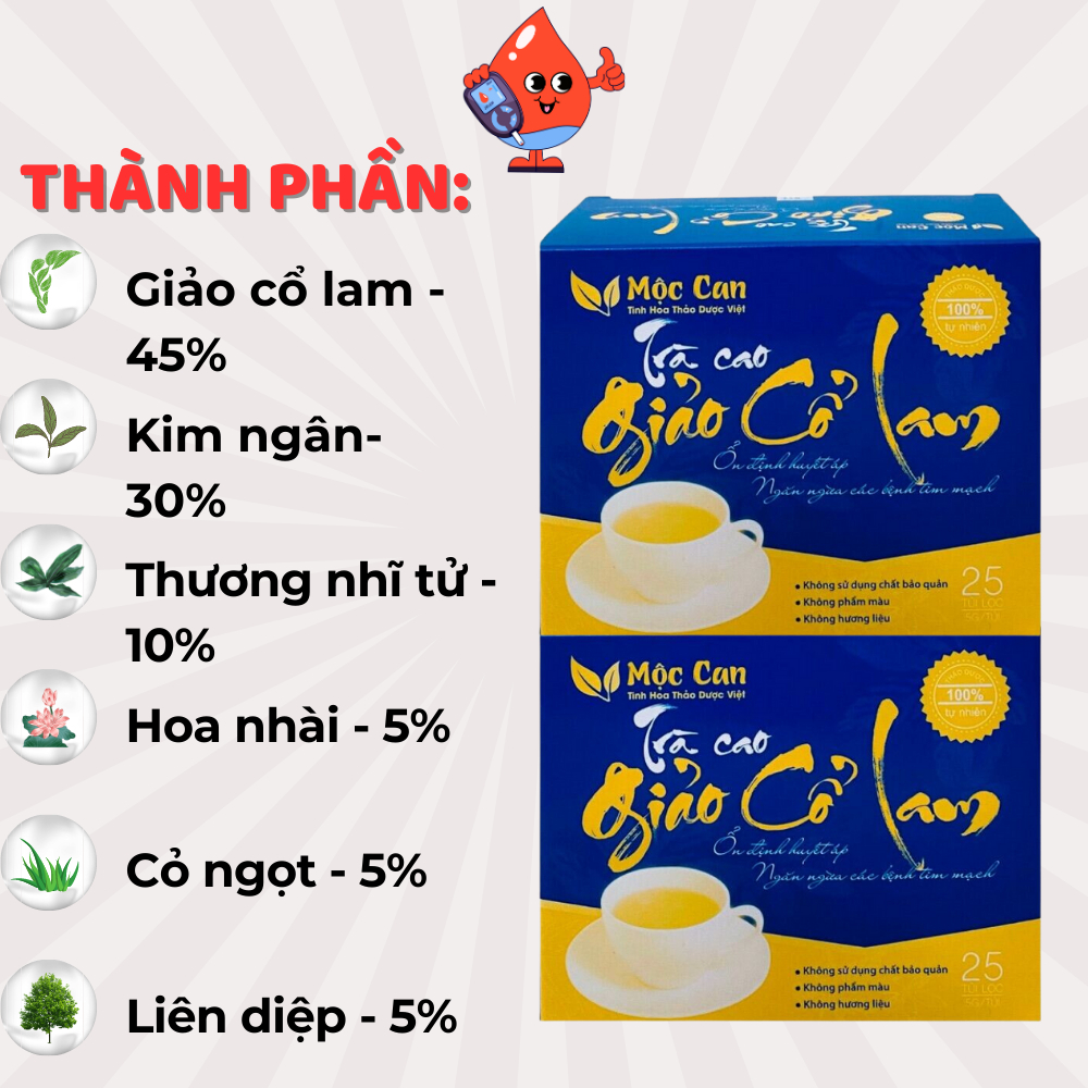 Trà Cao Giảo Cổ Lam Mộc Can Ổn Định Huyết Áp Ngưng Các Bệnh Tim Mạch, Ngưng và Chống Xơ Vữa Động Mạch Hộp 25 Túi Lọc