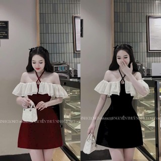 Đầm nhung cao cấp trễ vai phối bèo tơ có dây mặc hai kiểu đẹp xuất sắc