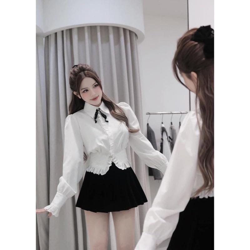 Set áo sơ mi trắng phối ren mix chân váy nhung