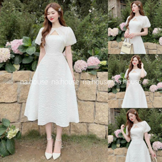 Đầm trắng khoét ngực đi chơi dự tiệc sinh nhật Nahouse váy tiểu thư xòe gấm xốp tay bồng thiết kế đẹp xinh và sang trọng