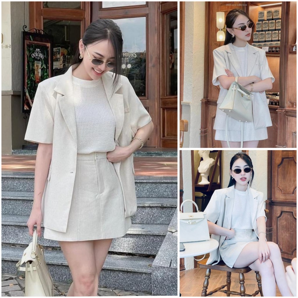Set 3 món áo vest tay dài form rộng phối áo thun trắng mix chân váy chữ A dáng ngắn nhẹ nhàng, cá tính thanh lịch xinh
