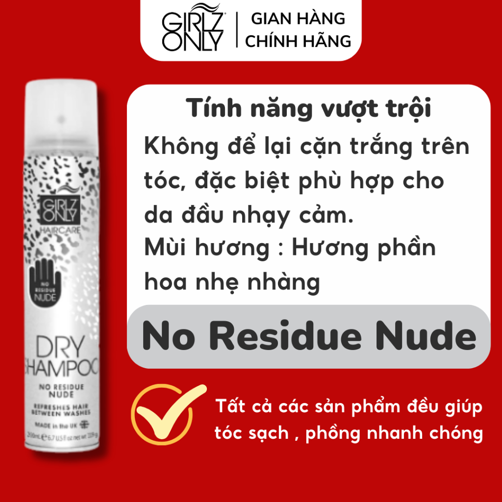 Dầu Gội Khô Girlz Only Party Nights / Dawn 'Til Dusk / Dazzling Volume / No Residue Nude