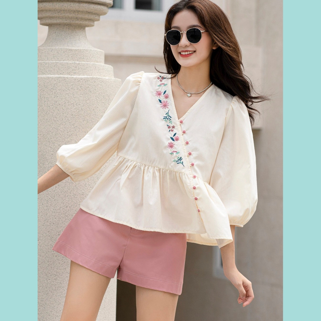 Áo Babydoll ODS thiết kế, thêu hoa, cổ chéo, tay phồng lỡ, thời trang, trẻ trung - SIA51
