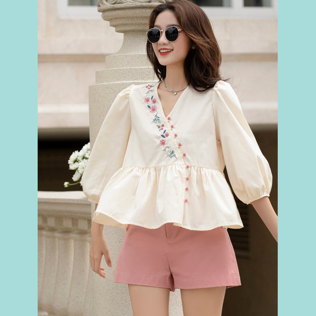 Áo Babydoll ODS thiết kế, thêu hoa, cổ chéo, tay phồng lỡ, thời trang, trẻ trung - SIA51