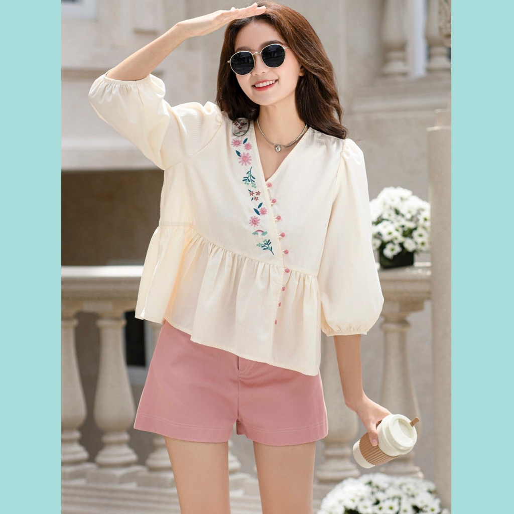 Áo Babydoll ODS thiết kế, thêu hoa, cổ chéo, tay phồng lỡ, thời trang, trẻ trung - SIA51