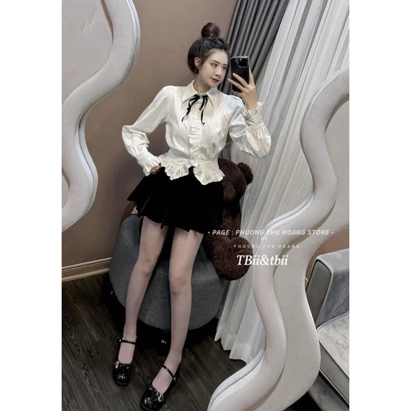 Set áo sơ mi trắng phối ren mix chân váy nhung