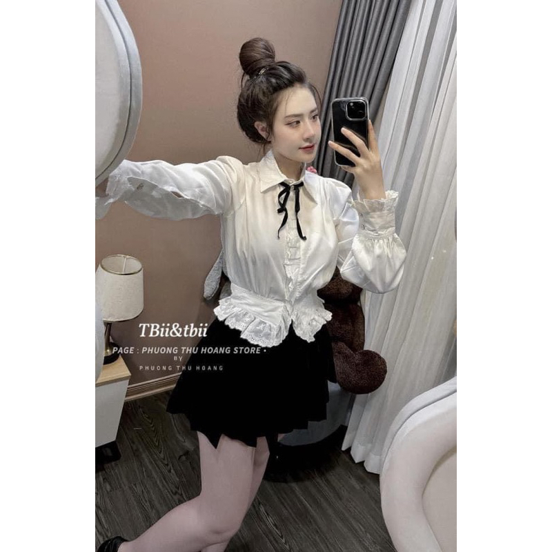 Set áo sơ mi trắng phối ren mix chân váy nhung