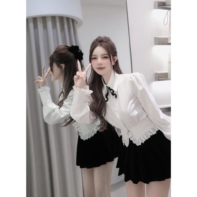 Set áo sơ mi trắng phối ren mix chân váy nhung
