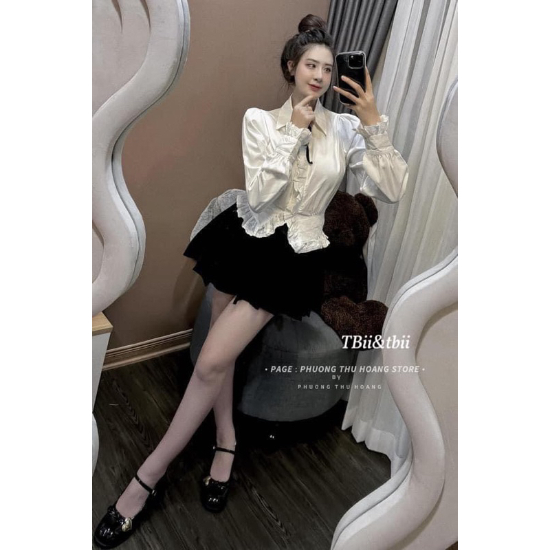 Set áo sơ mi trắng phối ren mix chân váy nhung