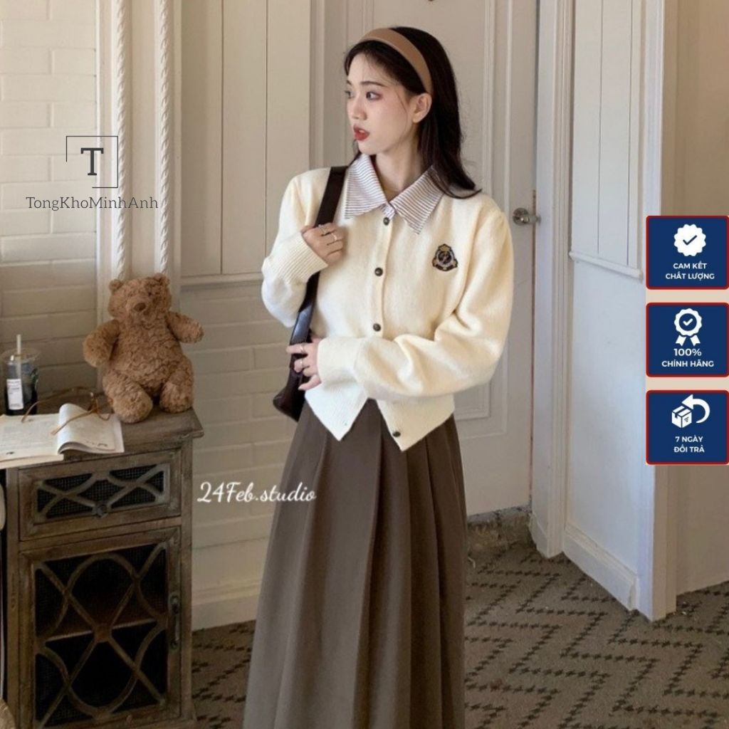Áo Khoác Len Dệt Kim Tay Dài Cổ Bẻ Sơ Mi Dáng Ngắn , Áo Len Phối Logo Mẫu Hot 2024 Phù Hợp Đi Chơi Tongkhominhanh
