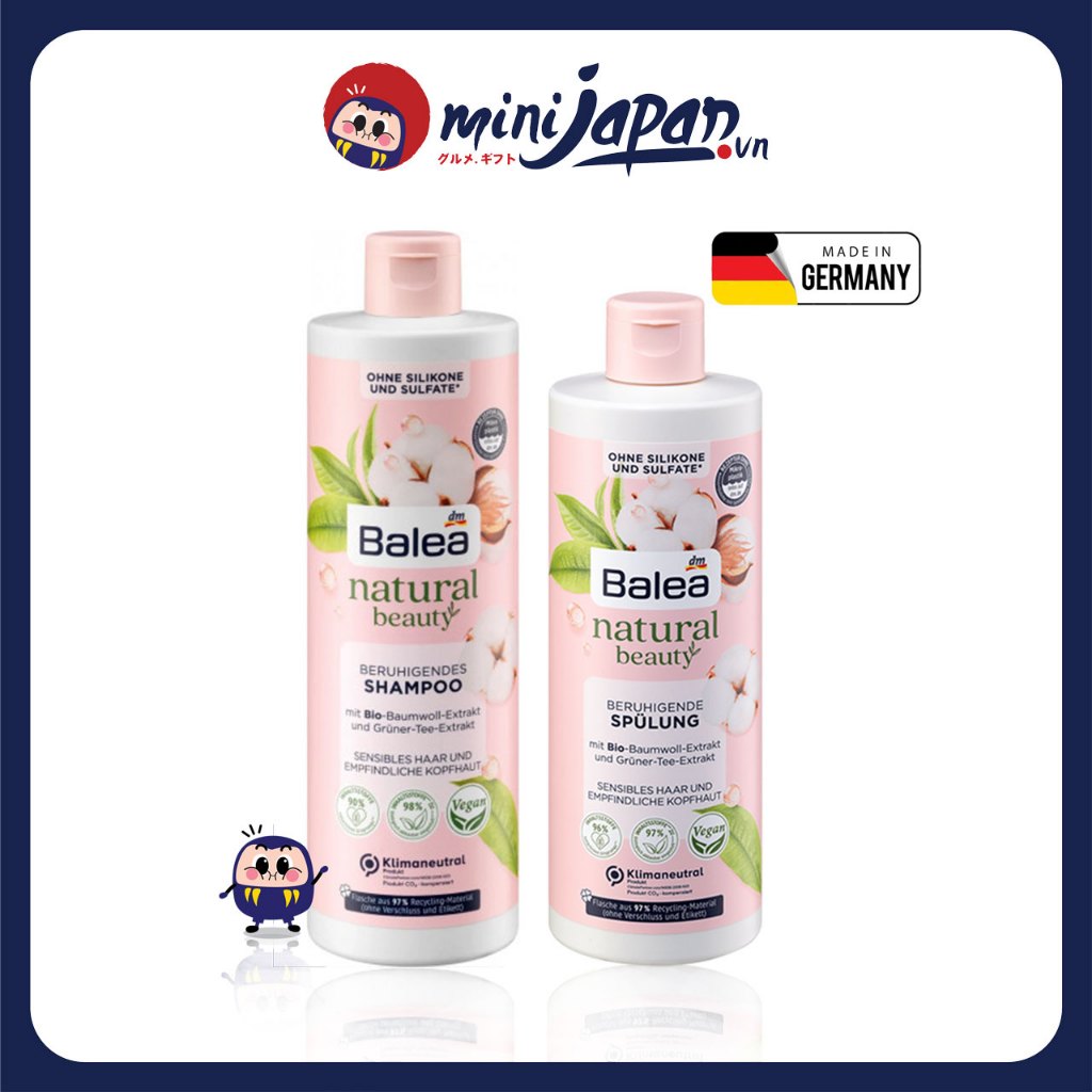 Dầu gội xả Balea Natural Beauty chiết xuất trà xanh và bông hữu cơ không Silicon