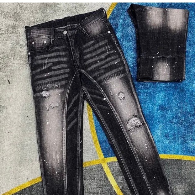 Quần bò jean nam dài đen thêu lá phong đỏ may mắn,mẫu mới hot wash rách vẩy sơn kiểu đẹp,chất co giãn tốt