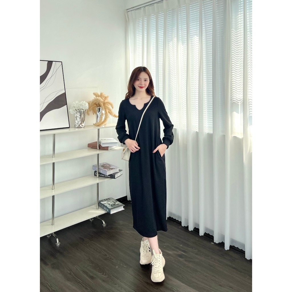 Váy dáng suông dài tay chất nỉ tăm cổ v siêu hot Hari GenZ 0216 P5K1