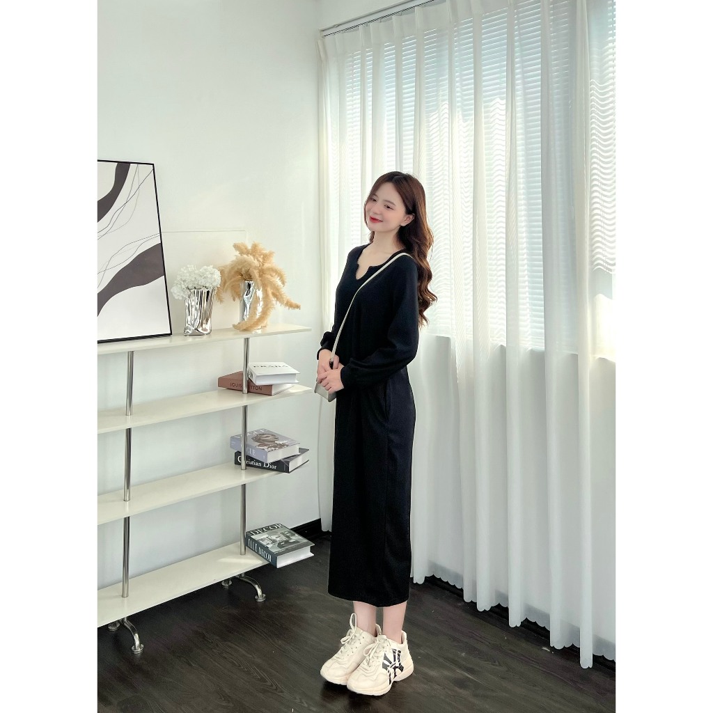 Váy dáng suông dài tay chất nỉ tăm cổ v siêu hot Hari GenZ 0216 P5K1