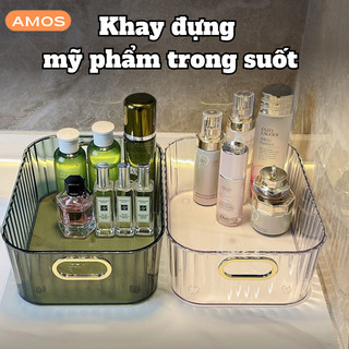 Khay nhựa trong suốt AMOS đựng Mỹ phẩm có tay cầm, Giỏ đựng đồ  đa năng đề bàn, Hộp nhựa đựng đồ đa năng