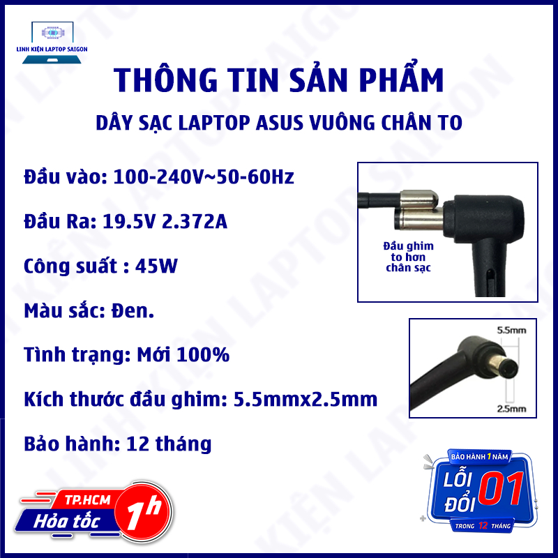 HCM l Sạc laptop Asus vuông chân TO 19V 2.37A 45W 5.5*2.5mm - Linh kiện Laptop Sài Gòn