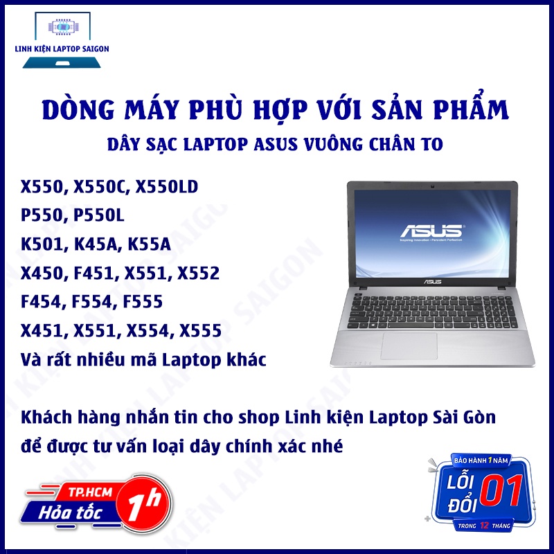 HCM l Sạc laptop Asus vuông chân TO 19V 2.37A 45W 5.5*2.5mm - Linh kiện Laptop Sài Gòn