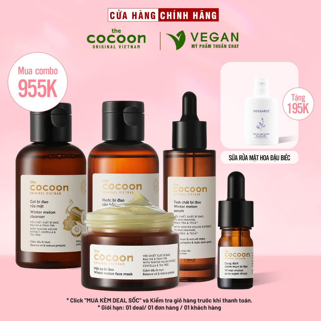 Bộ 5 chăm sóc da mụn chuyên sâu: Gel + Toner + Serum + Mặt nạ + Chấm mụn bí đao cocoon